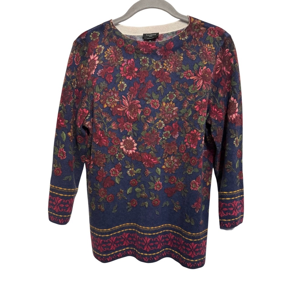 Talbots Cashmere Sweater Womens M Blue 3/4 Sleeve Floral Cottagecore Soft Luxury
